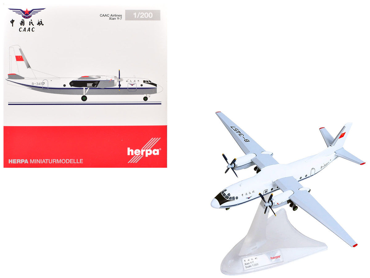 Xian Y-7 Commercial Aircraft "CAAC Airlines" (B-3457) White with Blue Stripes 1/200 Diecast Model by Herpa-3