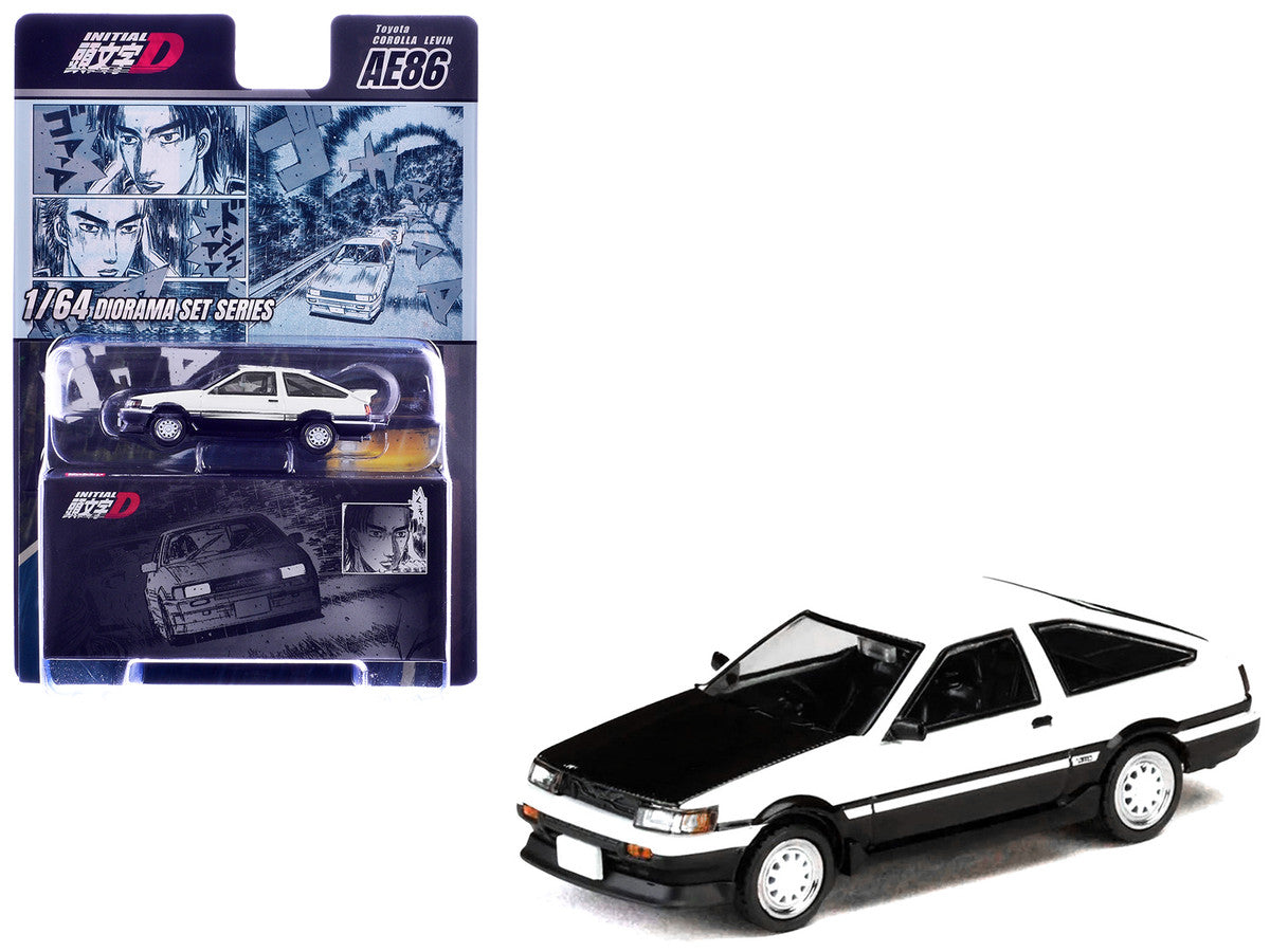 Toyota Corolla Levin (AE86) RHD (Right Hand Drive) White with Carbon Hood "Initial D" (1995-2013) Manga "Diorama Set Series" 1/64 Diecast Model Car by Hobby Japan-3