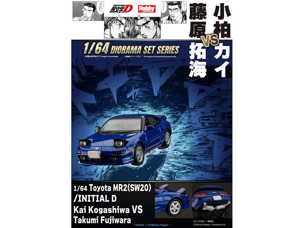 Toyota MR2 (SW20) RHD (Right Hand Drive) Blue Metallic "Kai Kogashiwa VS Takumi Fujiwara - Initial D" (1995-2013) Manga "Diorama Set Series" 1/64 Diecast Model Car by Hobby Japan-2