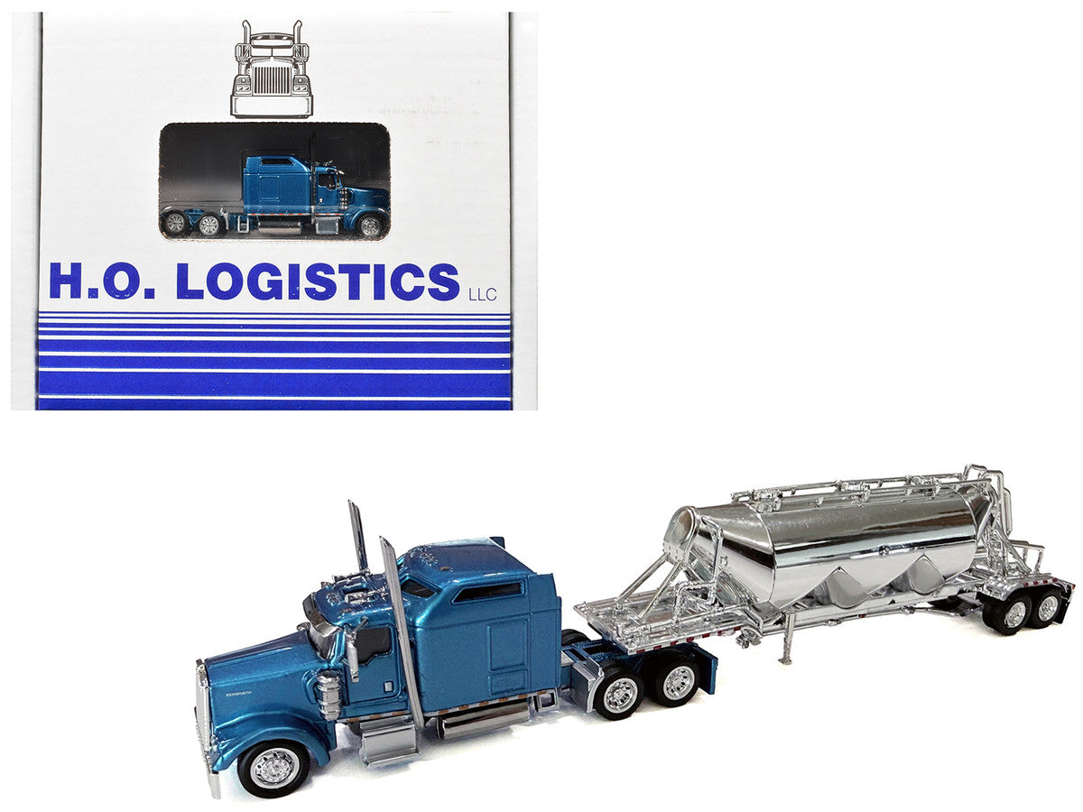 Kenworth W900L Truck Tractor with Sleeper Cab Blue Metallic and Pneumatic Tank Trailer Combo Set 1/87(HO) Plastic Model Car by HO Logistics-2