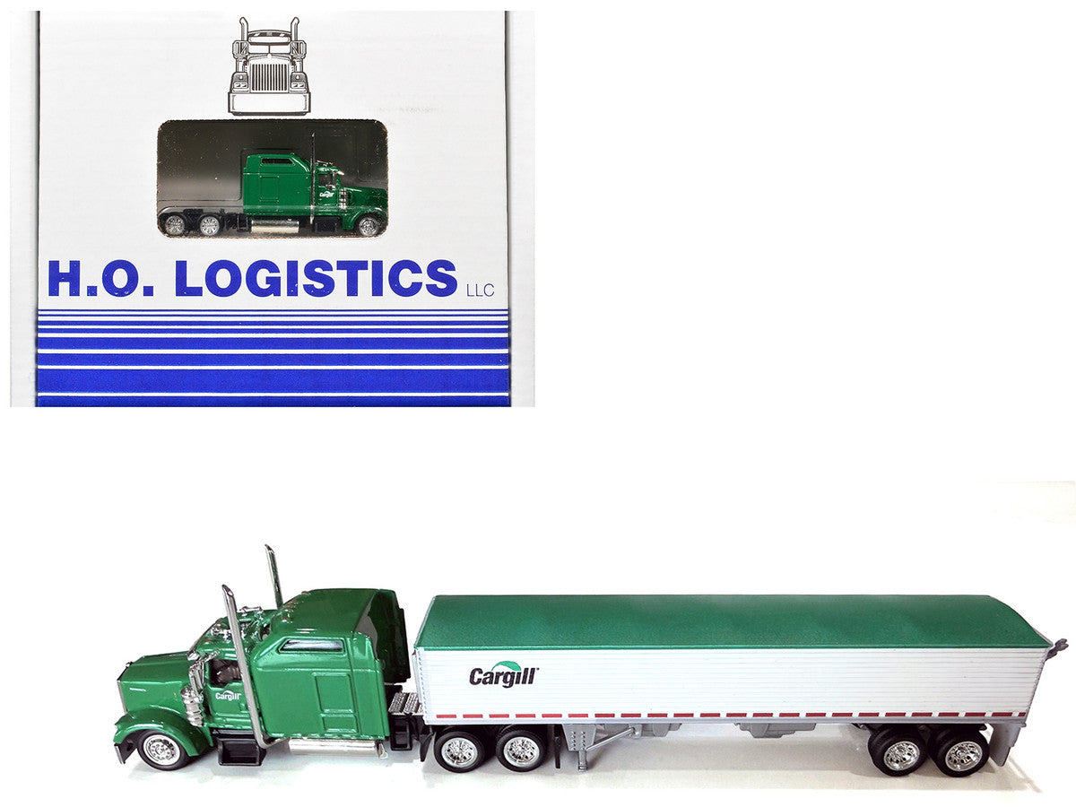 Kenworth W900L Truck Tractor with Sleeper Cab "Cargill" Green and Covered Grain Trailer White with Green Tarp Combo Set 1/87 (HO) Plastic Model Car by HO Logistics-2