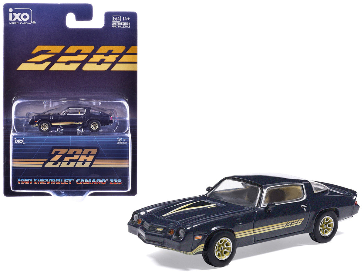 1981 Chevrolet Camaro Z28 Dark Blue Metallic with Gold Stripes and Interior 1/64 Diecast Model Car by IXO Models-4