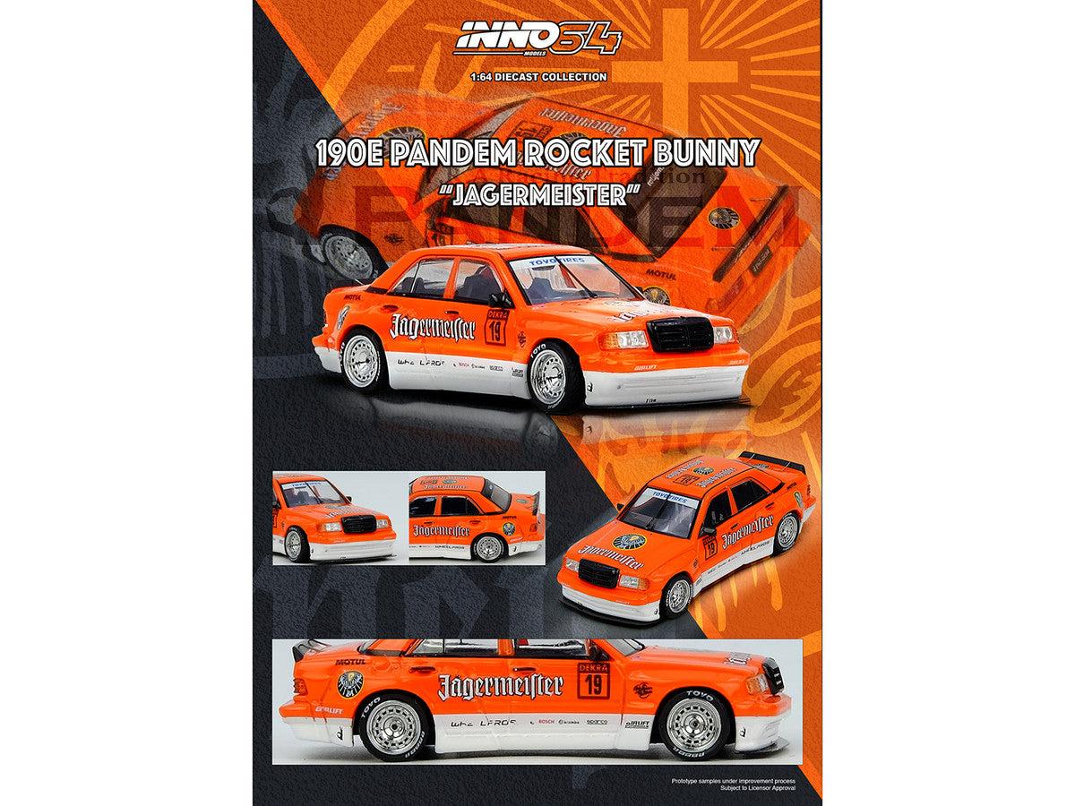 Pandem Rocket Bunny 190E #19 "Jagermeister" Orange and White 1/64 Diecast Model Car by Inno Models-3