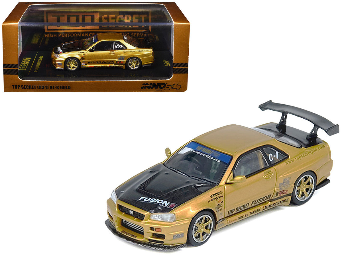 Nissan Skyline GT-R (R34) RHD (Right Hand Drive) "Top Secret" Gold Metallic with Carbon Hood and Trunk 1/64 Diecast Model Car by Inno Models-2