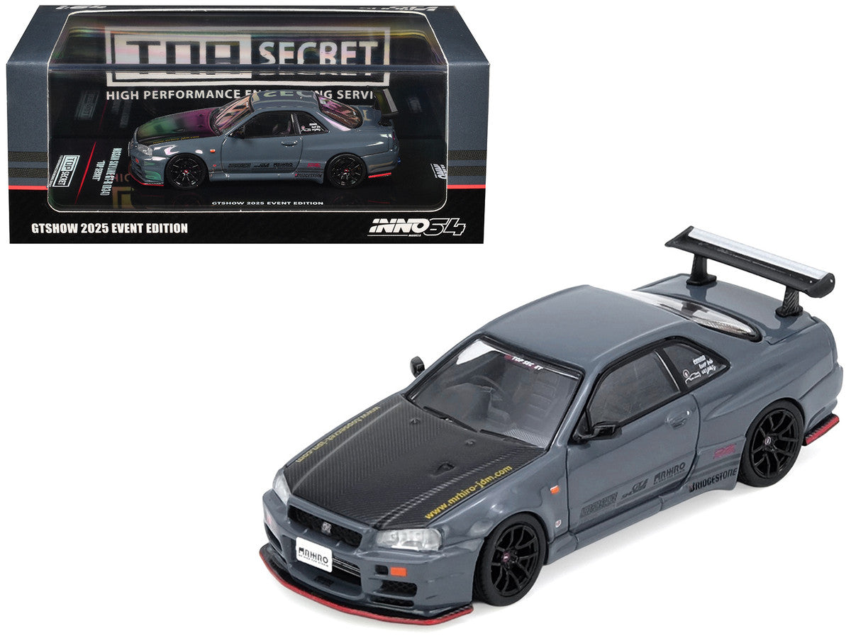 Nissan Skyline GT-R (R34) "Top Secret" RHD (Right Hand Drive) Stealth Gray with Carbon Hood "GTSHOW 2025 Event Edition" 1/64 Diecast Model Car by Inno Models-3