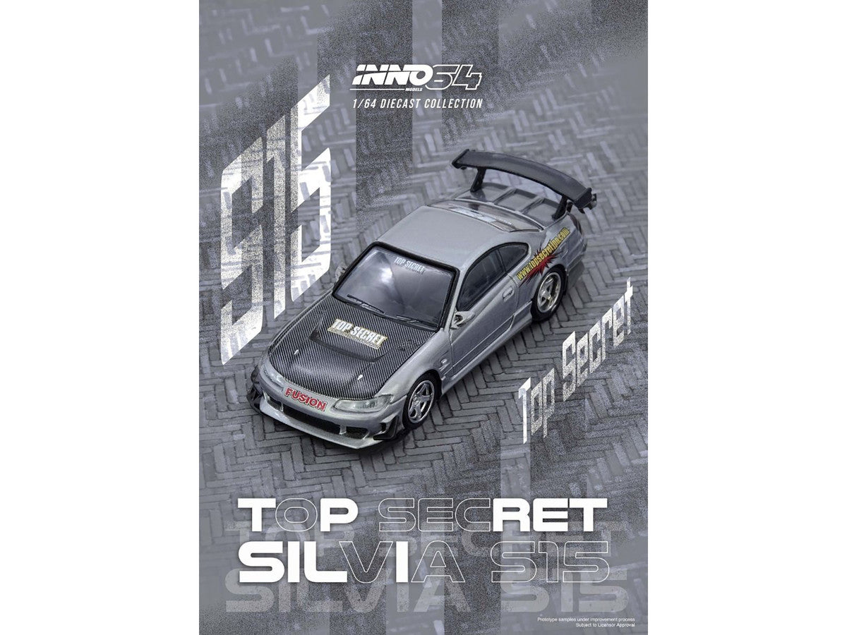 Nissan "Top Secret" Silvia (S15) RHD (Right Hand Drive) Silver Metallic with Carbon Hood 1/64 Diecast Model Car by Inno Models-4