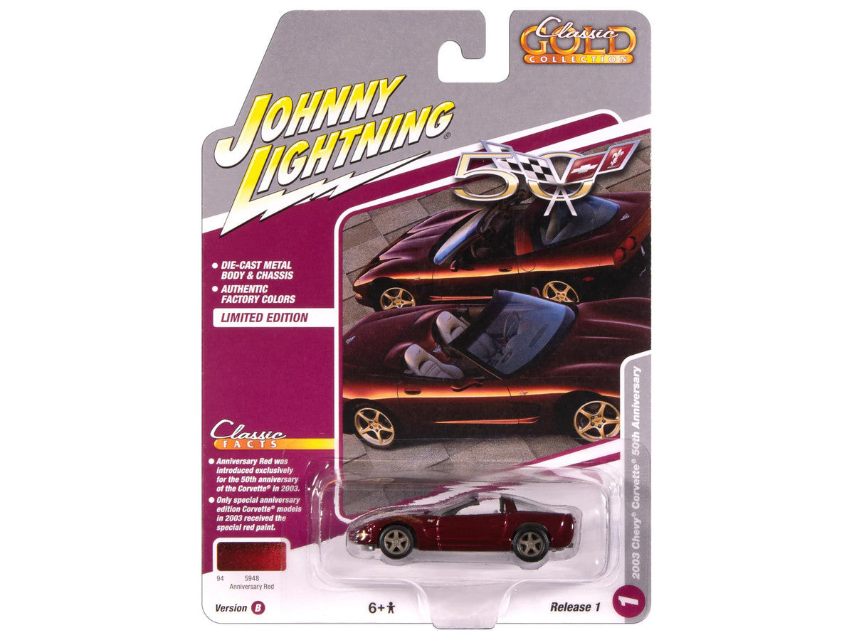 2003 Chevrolet Corvette Convertible "50th Anniversary" Anniversary Red Metallic "Classic Gold Collection" 1/64 Diecast Model Car by Johnny Lightning-2