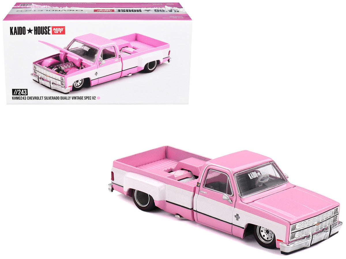 Chevrolet Silverado Dually Pickup Truck "Vintage Spec V2" Pink with White Sides (Designed by Jun Imai) "Kaido House" Special 1/64 Diecast Model Car by Mini GT-4