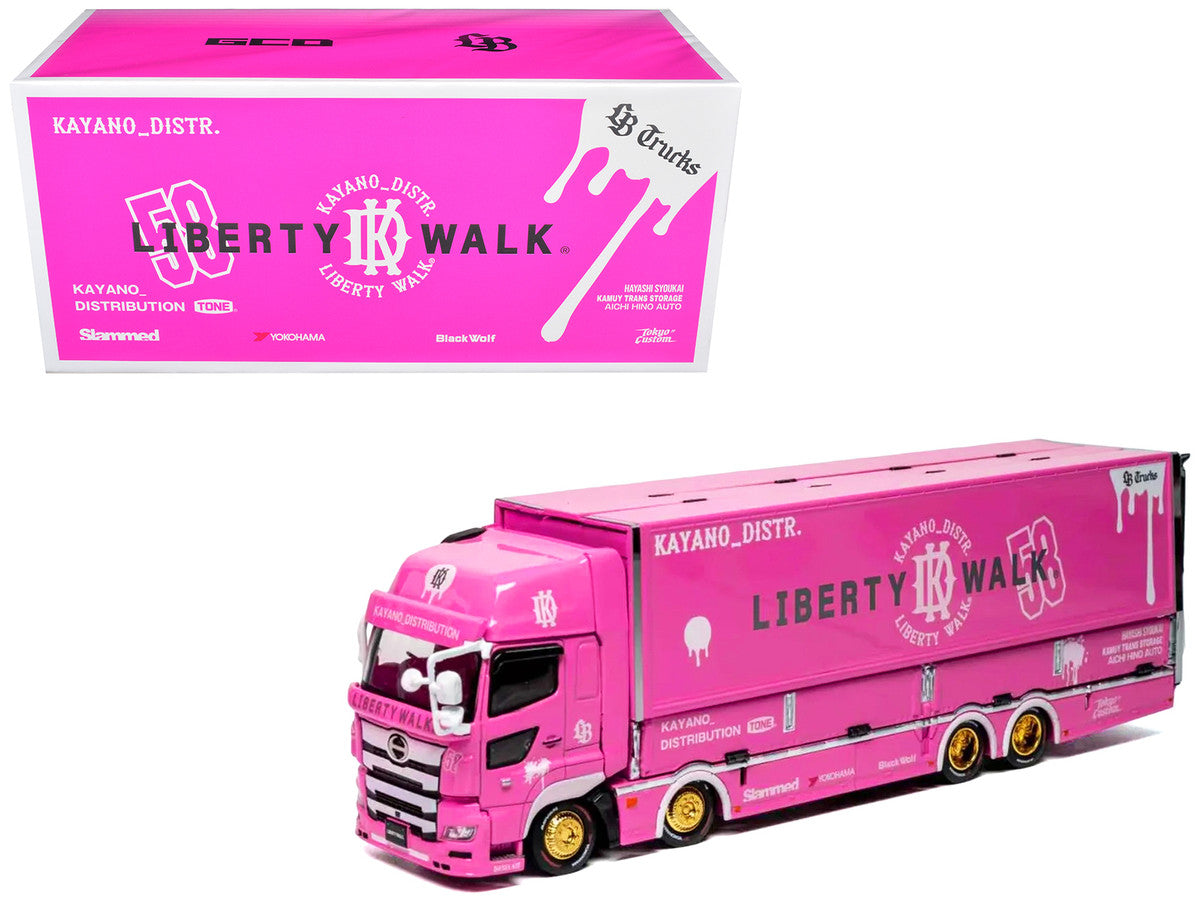 Hino 700 Transporter RHD (Right Hand Drive) "LB-Trucks - Kayano_Distr." Pink Metallic with Graphics 1/64 Diecast Model by GCD-4