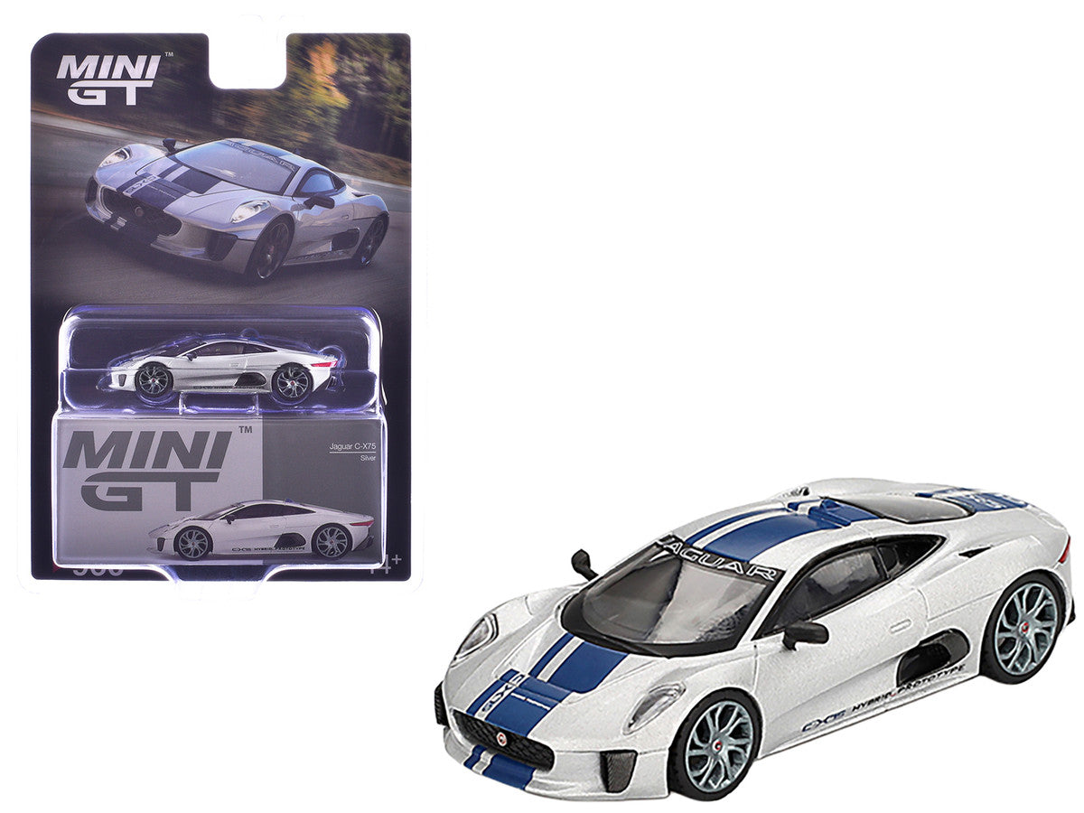 Jaguar C-X75 Silver Metallic with Blue Stripes Limited Edition 1/64 Diecast Model Car by Mini GT-3