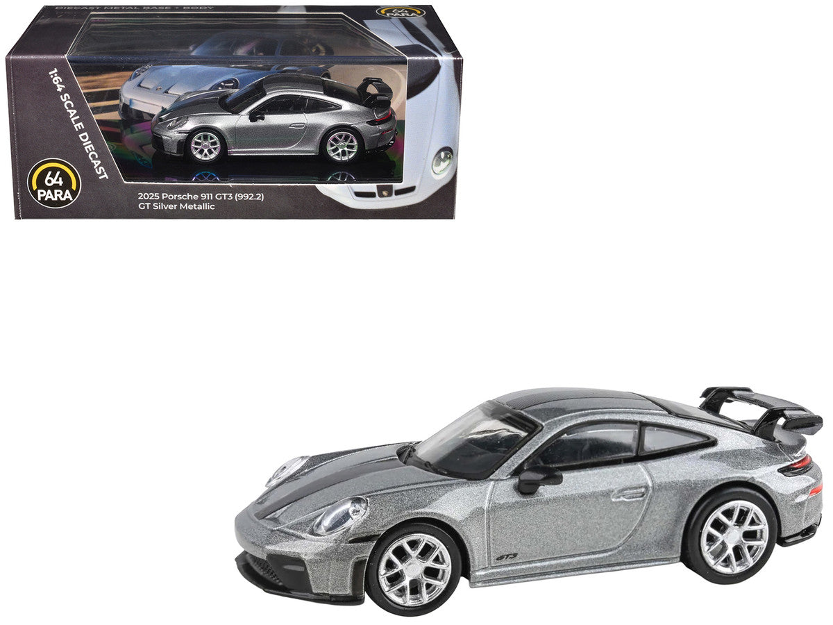 2025 Porsche 911 GT3 (992.2) GT Silver Metallic with Carbon Stripe 1/64 Diecast Model Car by Paragon Models-3