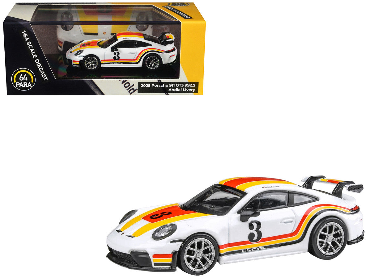 2025 Porsche 911 GT3 (992.2) #3 "Andial Livery" White with Stripes 1/64 Diecast Model Car by Paragon Models-3