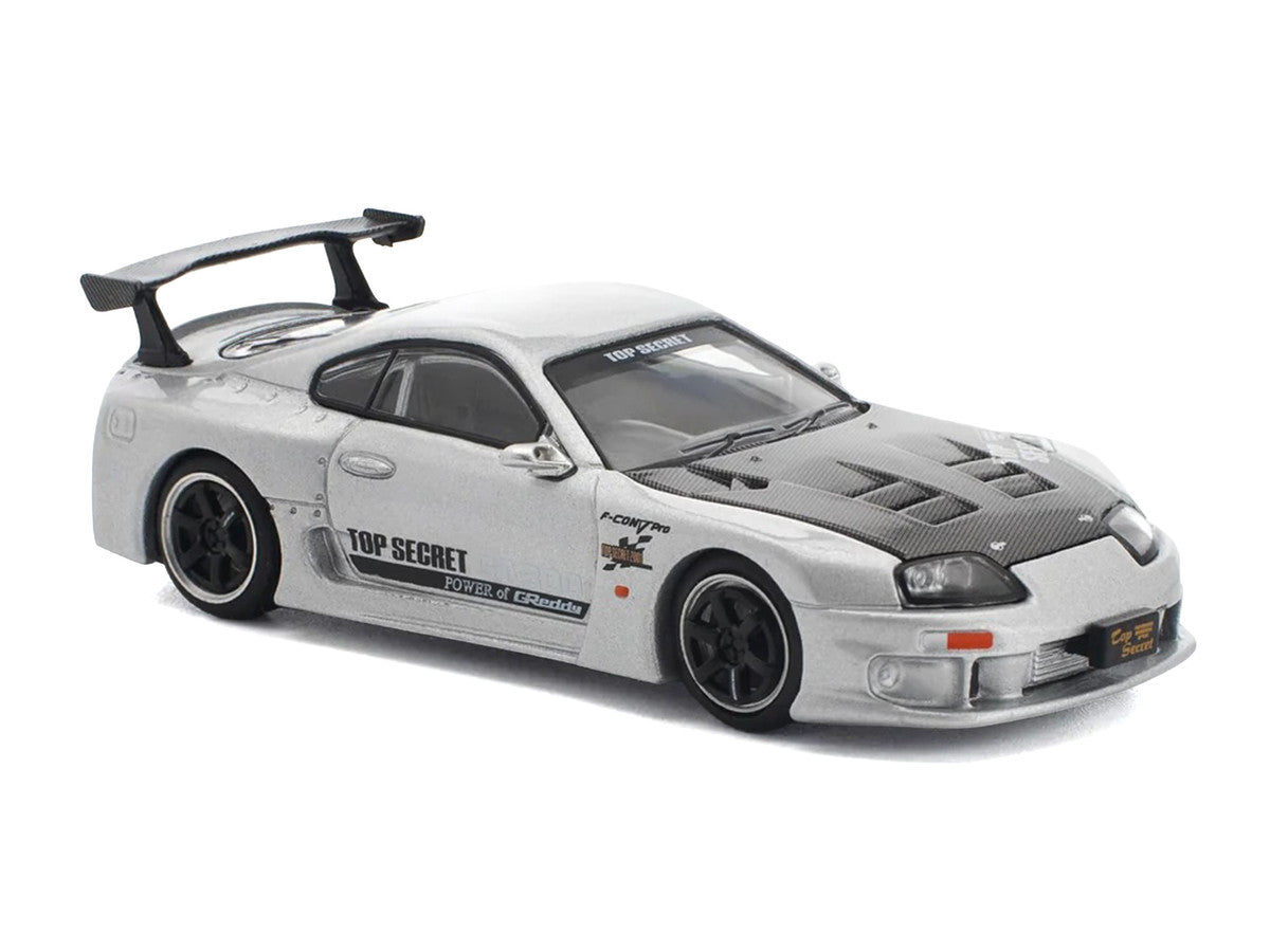Toyota Supra "Top Secret" GT300 RHD (Right Hand Drive) Silver Metallic with Carbon Hood 1/64 Diecast Model Car by Pop Race-4