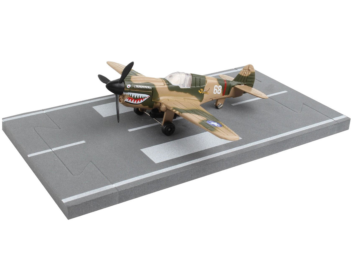 Curtiss P-40 Warhawk Fighter Aircraft Camouflage "Flying Tigers-First American Volunteer Group" with Runway Section Diecast Model Airplane by Runway24-2