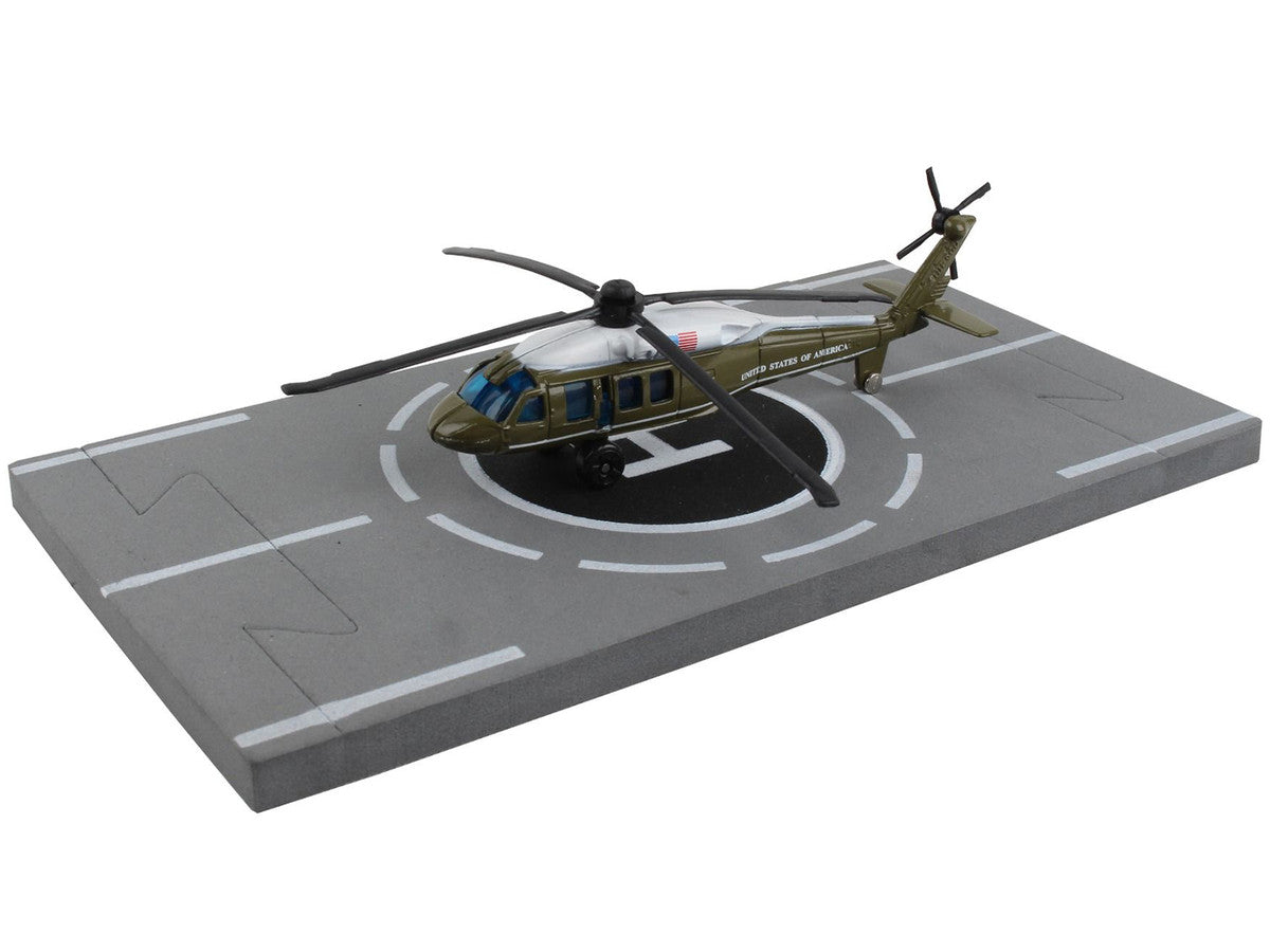 Sikorsky VH-60 White Hawk Helicopter Olive Drab with White Top "United States Presidential Helicopter - Marine One" with Runway Section Diecast Model by Runway24-2