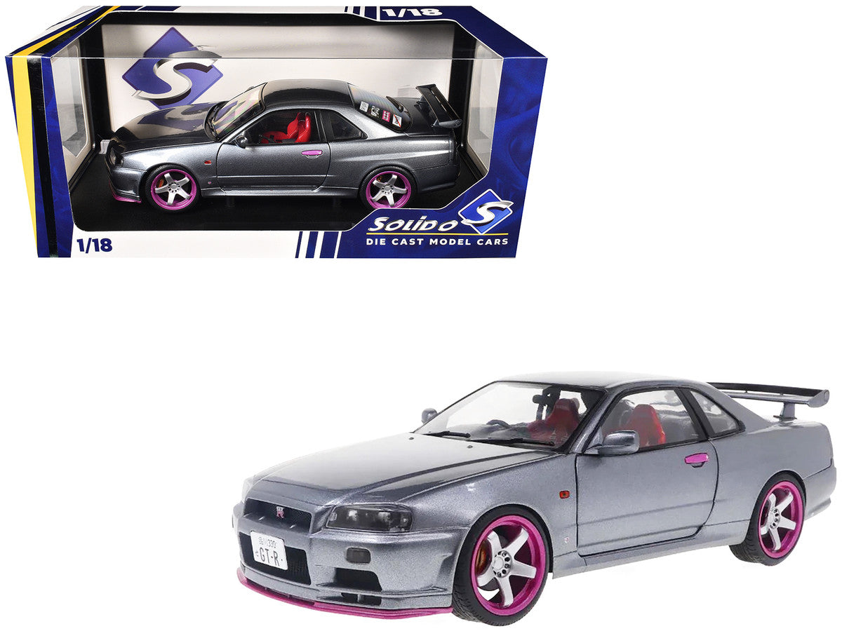 1999 Nissan Skyline GT-R (R34) RHD (Right Hand Drive) Silver Metallic with Purple Wheels 1/18 Diecast Model Car by Solido-4