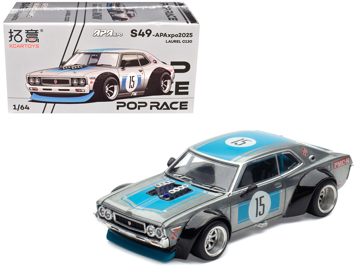 Datsun Laurel C130 RHD (Right Hand Drive) #15 Raw Metal with Blue Stripes "APA XPO 2025 Exclusive" 1/64 Diecast Model Car by Pop Race-4