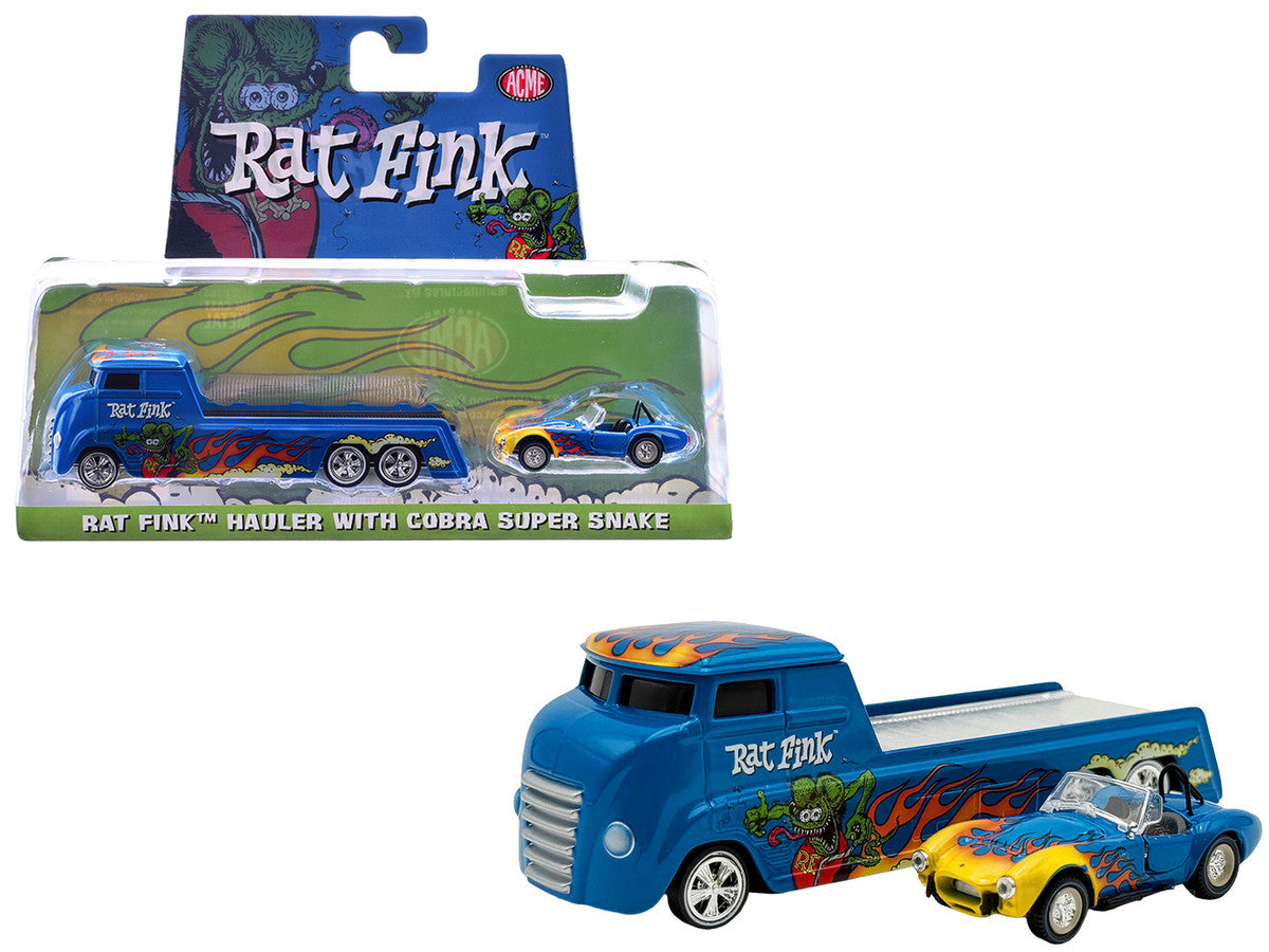 Shelby Cobra Super Snake Blue Metallic with Flames and Custom "Rat Fink" Hauler Blue Metallic with Flames and Graphics 1/64 Diecast Model Cars by ACME-4