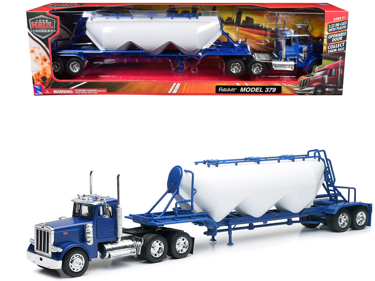 Peterbilt 379 Truck Blue with Pneumatic Tanker Trailer White "Long Haul Truckers" Series 1/32 Diecast Model by New Ray-2