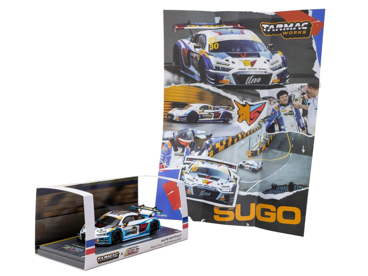 Audi R8 LMS GT3 evo II #30 James Yu "Uno Racing Team" "Macau GT Cup - FIA GT World Cup" (2024) with A4 Poster "Hobby43" Series 1/43 Diecast Model Car by Tarmac Works-3