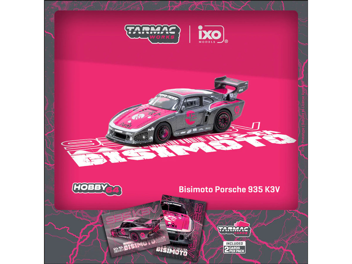 Porsche 935 K3V Bisimoto Gray Metallic with Pink Hood and Top with Tarmac Cards "Hobby64" Series 1/64 Diecast Model by Tarmac Works-2