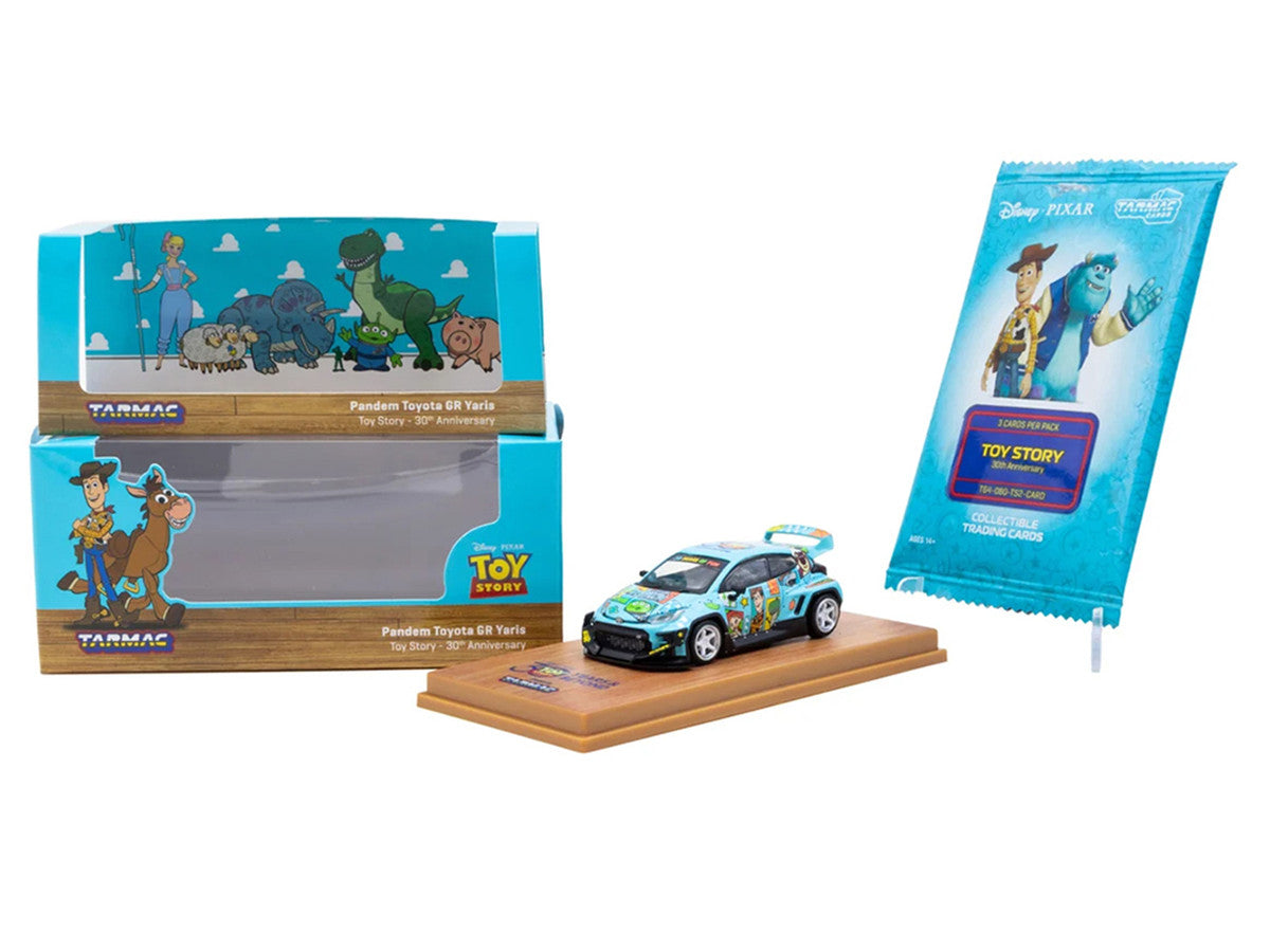 Toyota Pandem GR Yaris RHD (Right Hand Drive) "Toy Story 30th Anniversary" Blue with Graphics with Tarmac Cards "Hobby64" Series 1/64 Diecast Model by Tarmac Works-3