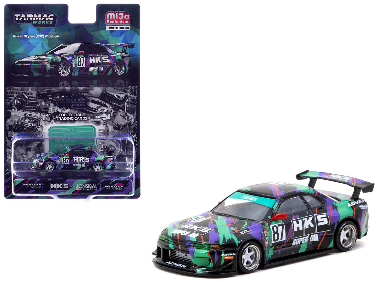Nissan Skyline (R32) Widebody RHD (Right Hand Drive) #87 "HKS - Designed by Jon Sibal" Black with Graphics with Tarmac Cards "Global64" Series 1/64 Diecast Model Car by Tarmac Works-3