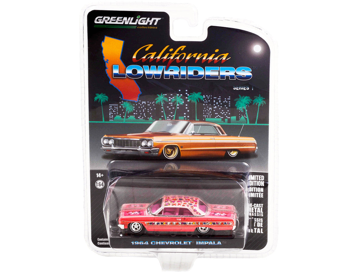 1964 Chevrolet Impala Lowrider Pink Metallic with Rose Graphics and Pink Interior "California Lowriders" Release 1 1/64 Diecast Model Car by Greenlight-2