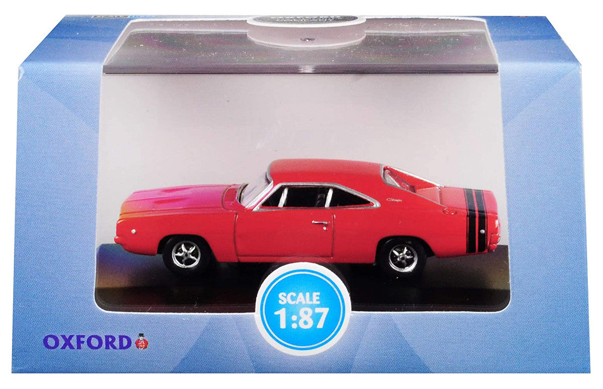1968 Dodge Charger Bright Red with Black Stripes 1/87 (HO) Scale Diecast Model Car by Oxford Diecast-2