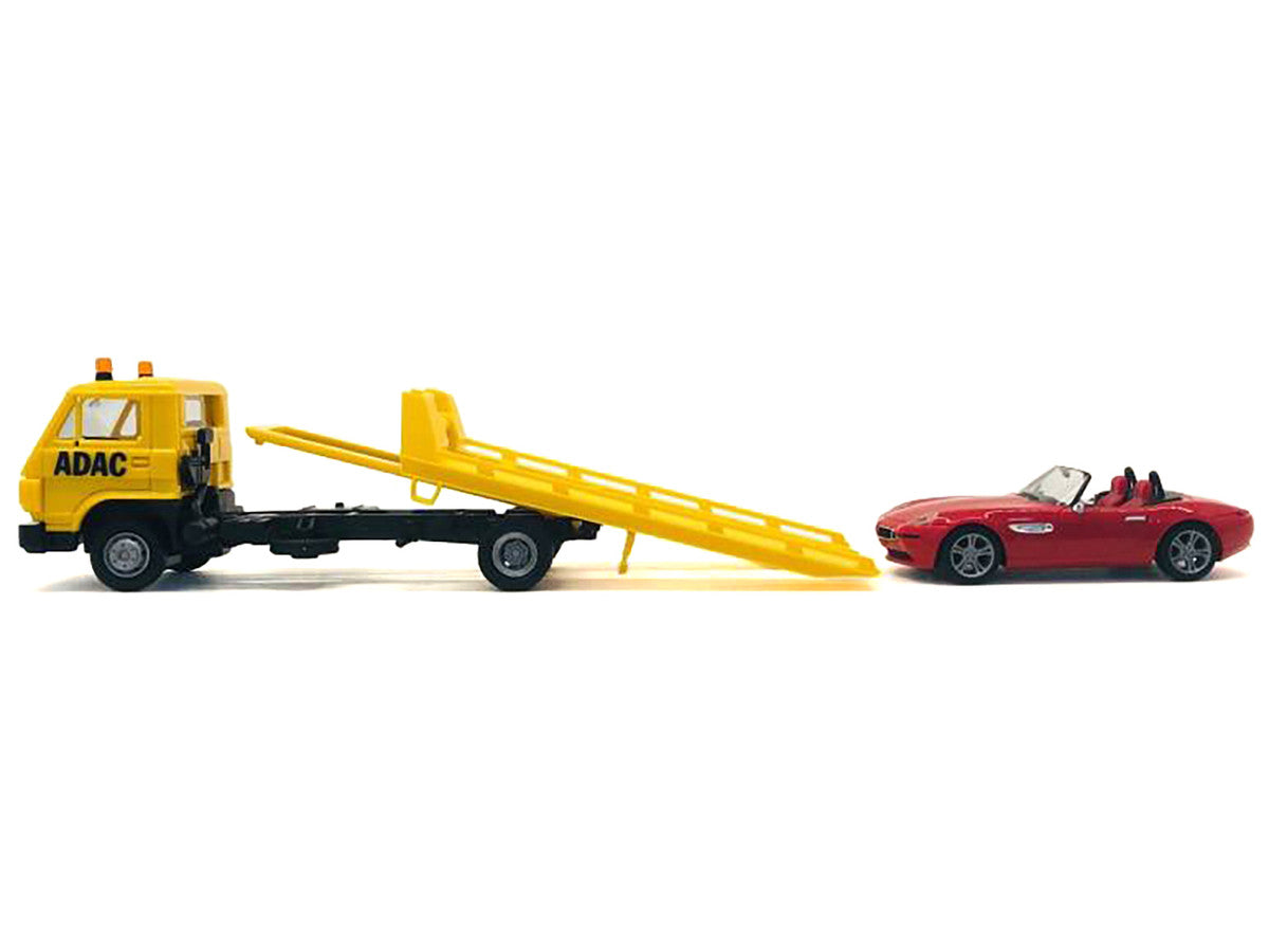 Flatbed Tow Truck "ADAC" Yellow and BMW Z4 Convertible Red Set of 2 pieces 1/87 (HO) Plastic Model Cars by Promotex-1