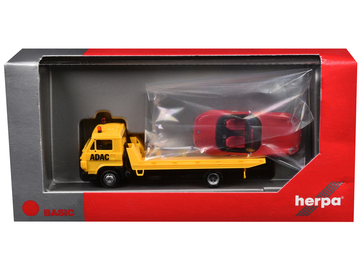Flatbed Tow Truck "ADAC" Yellow and BMW Z4 Convertible Red Set of 2 pieces 1/87 (HO) Plastic Model Cars by Promotex-2