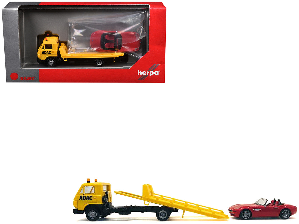 Flatbed Tow Truck "ADAC" Yellow and BMW Z4 Convertible Red Set of 2 pieces 1/87 (HO) Plastic Model Cars by Promotex-0