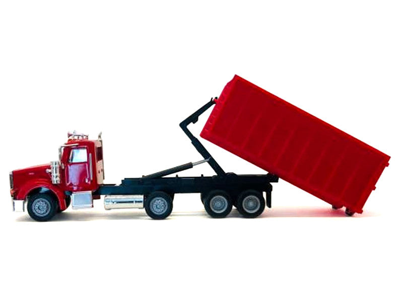 Peterbilt 367 Roll-Off Dump Truck Red with Red Box 1/87 (HO) Plastic Model Car by Promotex-0