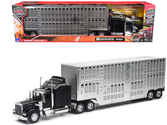 Kenworth W900 Truck Black with Pot Belly Livestock Chrome "Long Haul Truckers" Series 1/32 Diecast Model by New Ray-0