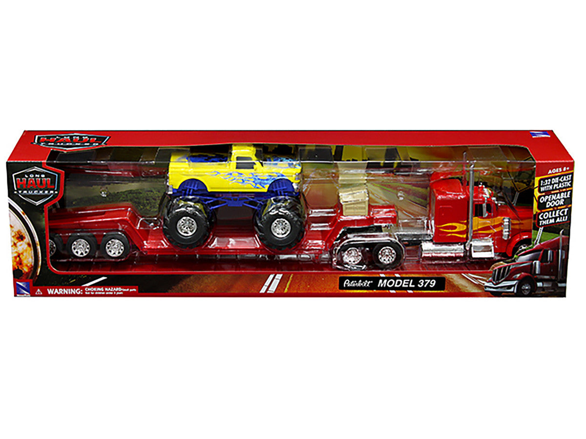 Peterbilt 379 Truck with Lowboy Trailer Red with Orange Flames and Monster Truck Yellow with Blue Flames "Long Haul Truckers" Series 1/32 Diecast Model by New Ray-2