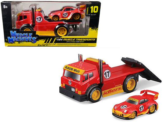 JDM Flatbed Truck #17 Red "RAUH-Welt BEGRIFF" and Porsche RWB 911 993 #17 Red "Muscle Transports" Series 1/64 Diecast Model Cars by Muscle Machines-0