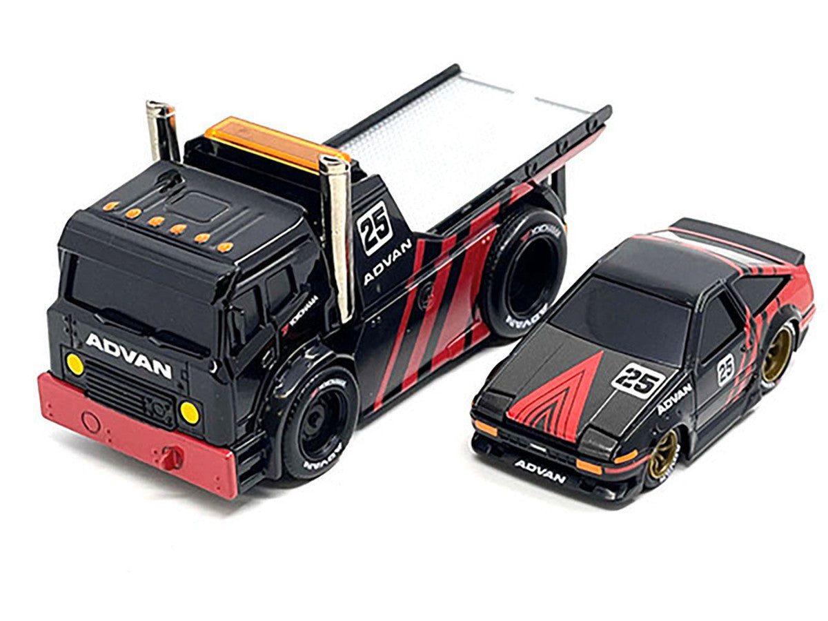 JDM Flatbed Truck #25 Black and Red and 1983-85 Toyota Trueno Sprinter (AE86) #25 Black and Red "Advan" Livery "Muscle Transports" Series 1/64 Diecast Models by Muscle Machines-1