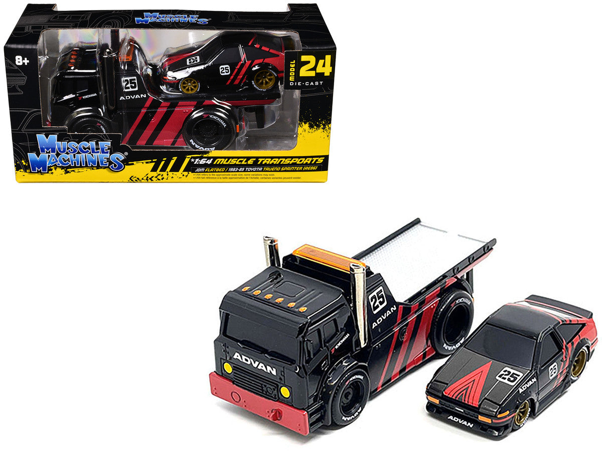 JDM Flatbed Truck #25 Black and Red and 1983-85 Toyota Trueno Sprinter (AE86) #25 Black and Red "Advan" Livery "Muscle Transports" Series 1/64 Diecast Models by Muscle Machines-0
