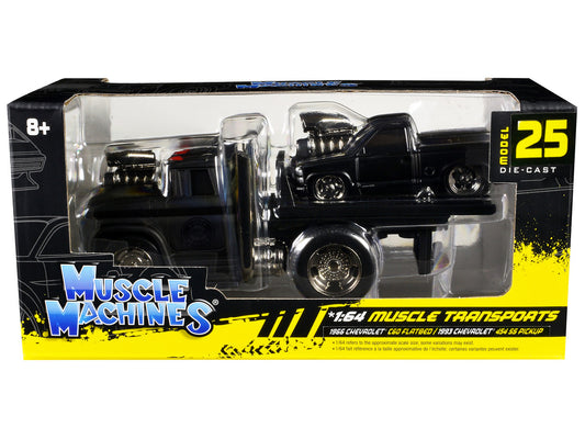 1966 Chevrolet C60 Flatbed Truck Matt Black and 1993 Chevrolet 454 SS Pickup Truck Matt Black "Muscle Transports" Series 1/64 Diecast Models by Muscle Machines-0