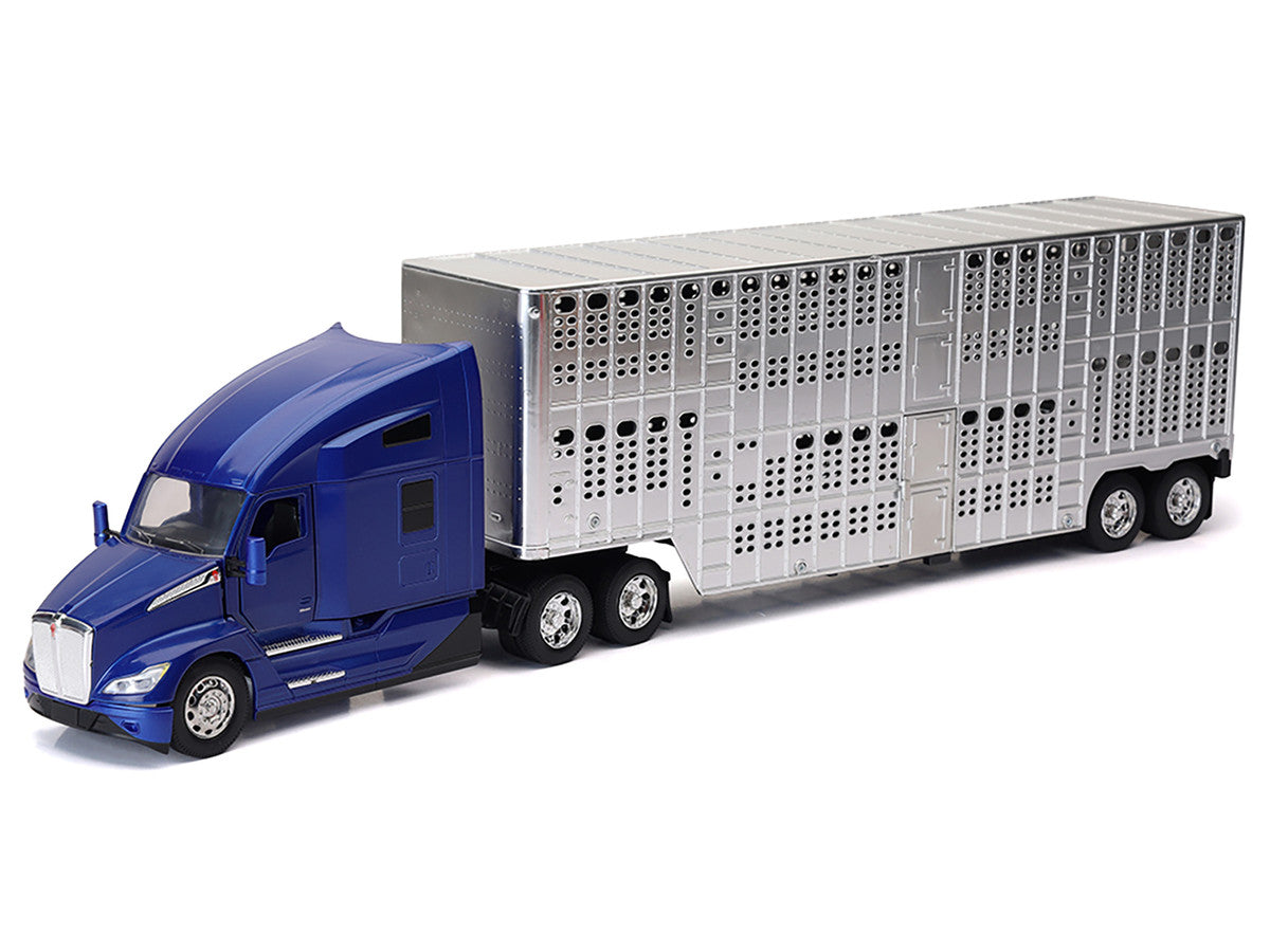 Kenworth T680 Truck Blue Metallic with Livestock Trailer Chrome "Long Haul Trucker" Series 1/32 Diecast Model by New Ray-1