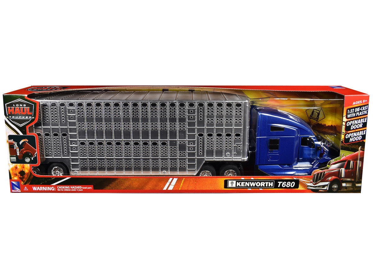Kenworth T680 Truck Blue Metallic with Livestock Trailer Chrome "Long Haul Trucker" Series 1/32 Diecast Model by New Ray-2