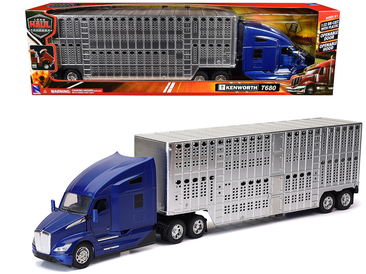 Kenworth T680 Truck Blue Metallic with Livestock Trailer Chrome "Long Haul Trucker" Series 1/32 Diecast Model by New Ray-0