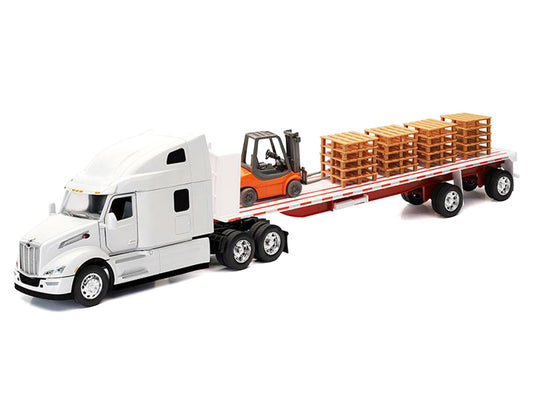 Peterbilt 579 Truck White with Flatbed Trailer White and Load of Forklift and Pallets "Long Haul Truckers" Series 1/32 Diecast Model by New Ray-0