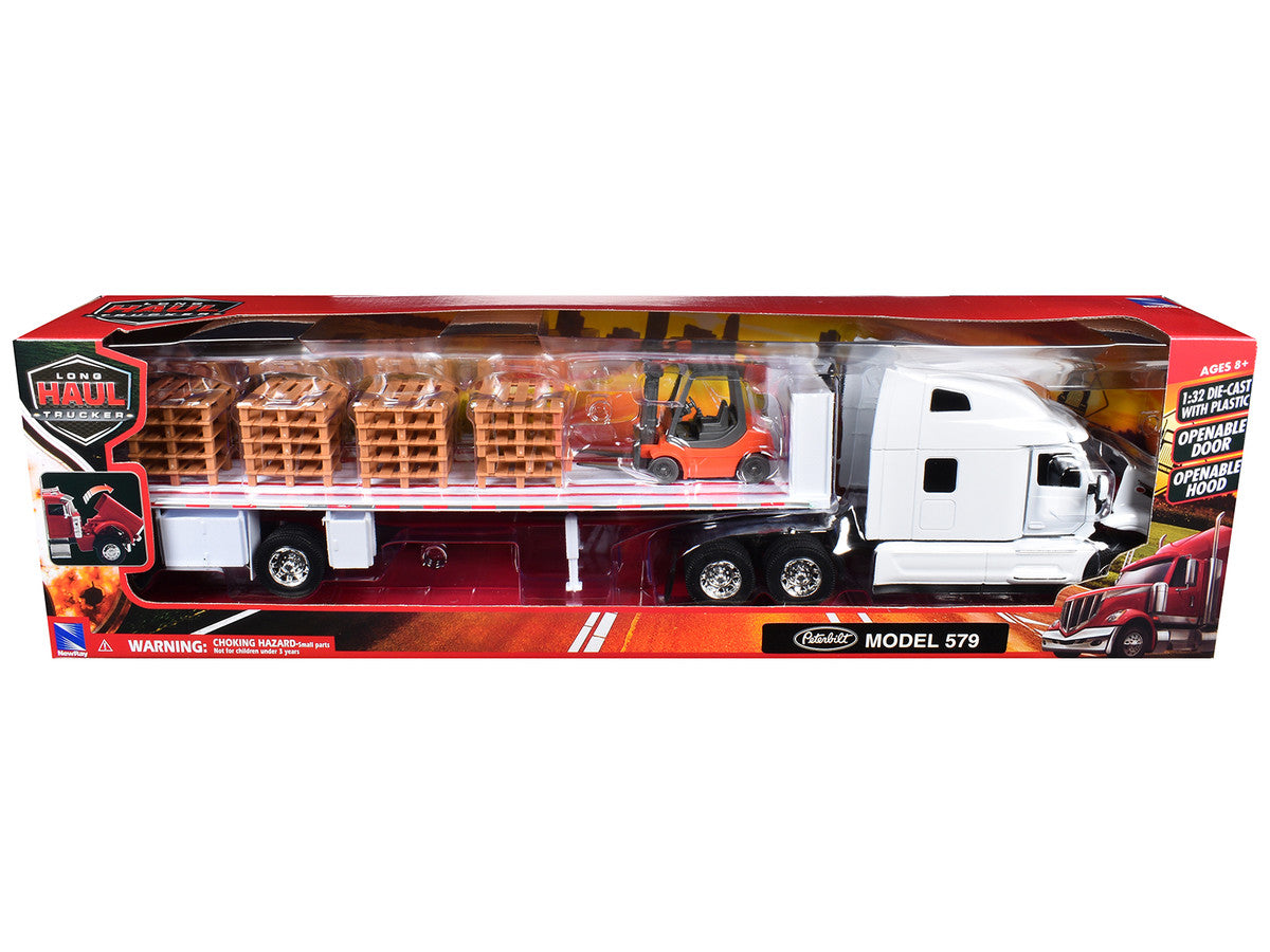 Peterbilt 579 Truck White with Flatbed Trailer White and Load of Forklift and Pallets "Long Haul Truckers" Series 1/32 Diecast Model by New Ray-1