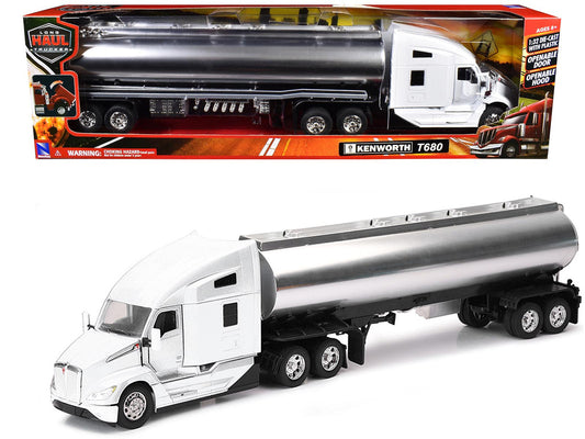 Kenworth T680 Truck White with Oil Tanker Trailer Chrome "Long Haul Trucker" Series 1/32 Diecast Model by New Ray-0