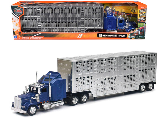 Kenworth W900 Truck Blue with Potbelly Livestock Trailer Chrome "Long Haul Truckers" Series 1/43 Diecast Model by New Ray-0