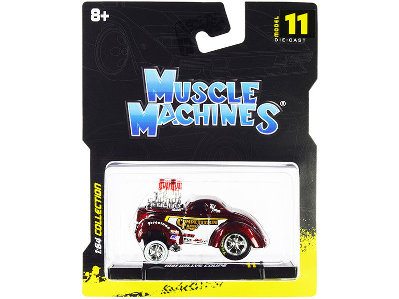 1941 Willys Coupe Gasser "Competition Cams" Red Metallic and White 1/64 Diecast Model Car by Muscle Machines-0