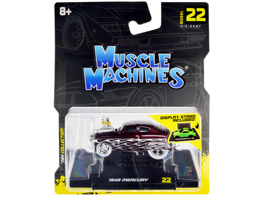 1949 Mercury Custom Coupe Dark Red Metallic with Flames 1/64 Diecast Model Car by Muscle Machines-0
