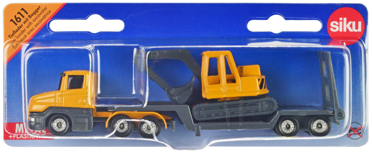 Truck with Low Loader Trailer and Excavator Yellow Diecast Model by Siku-0