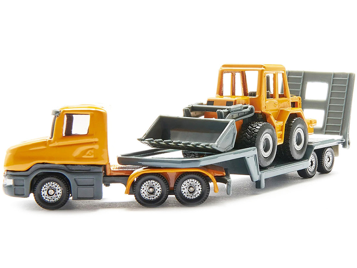 Truck with Low Loader Trailer and Front Loader Yellow Diecast Model by Siku-2